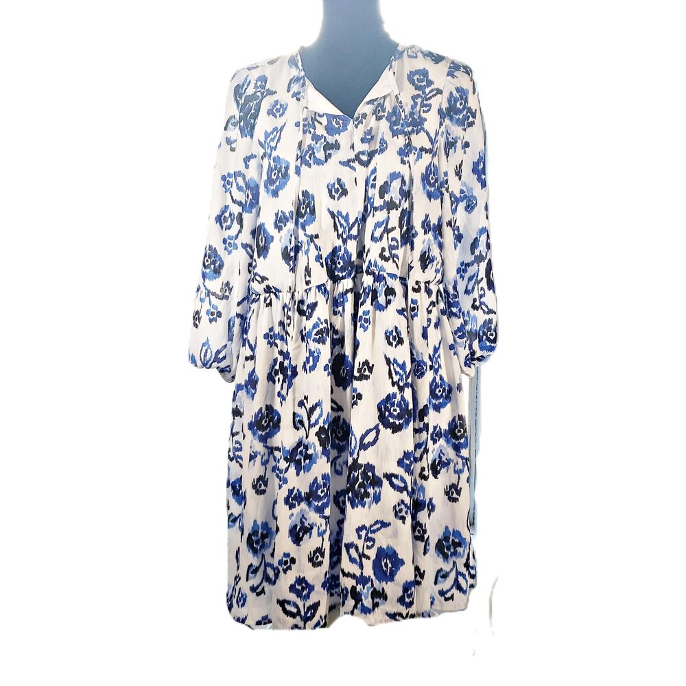 Wayward Fancies eShakti White Blue Floral V Neck Gathered Waist Dress Size 12